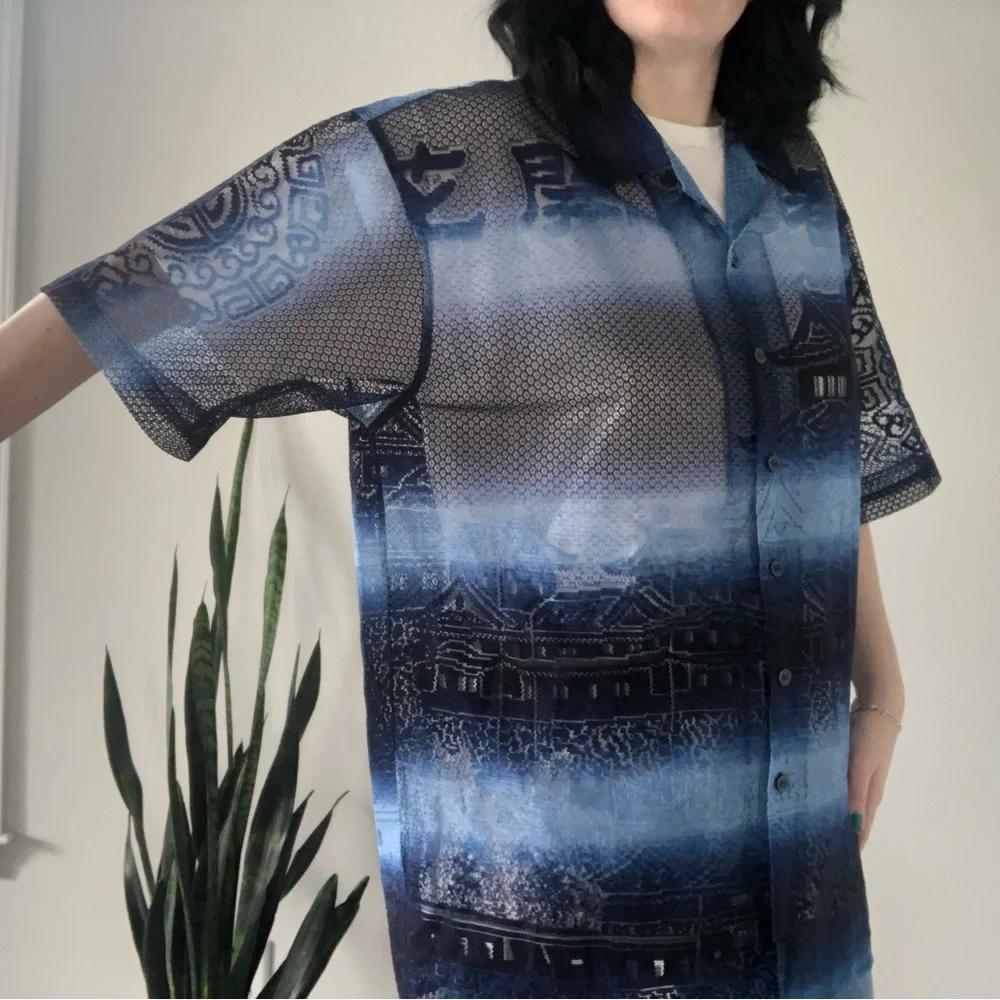 ❤️ LAST DAY Vintage Y2K B212 NYC Japanese Pagoda Mesh S/S Button Down Shirt - Picture 6 of 13